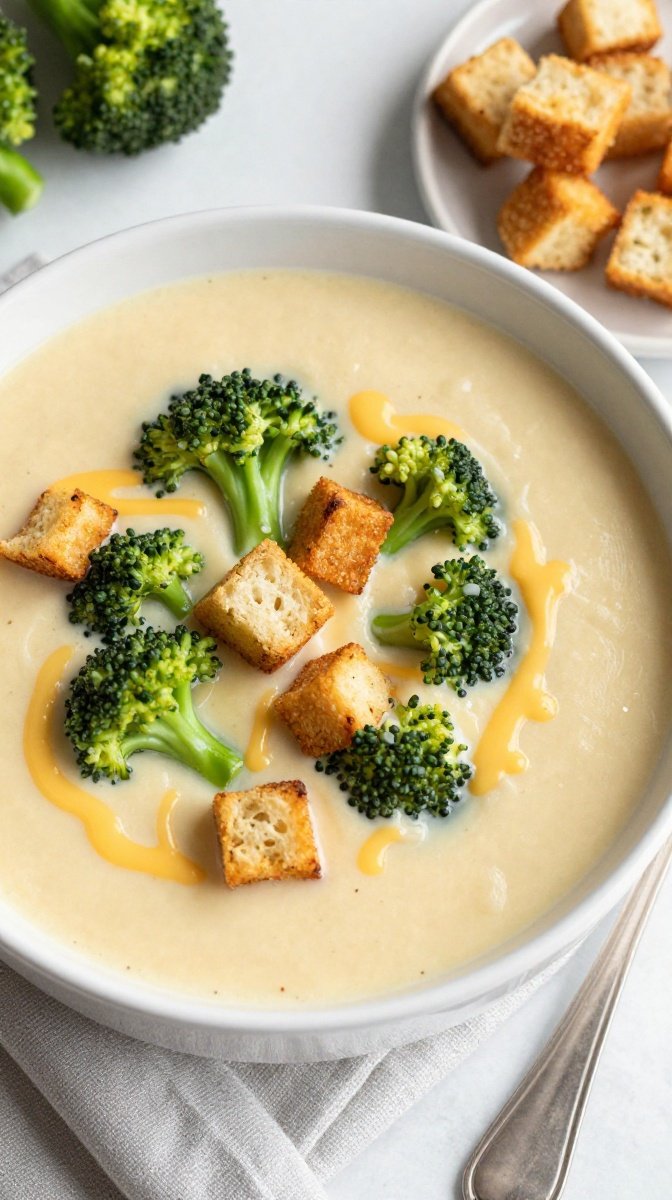 Cheesy Broccoli and Cheddar Soup with Croutons