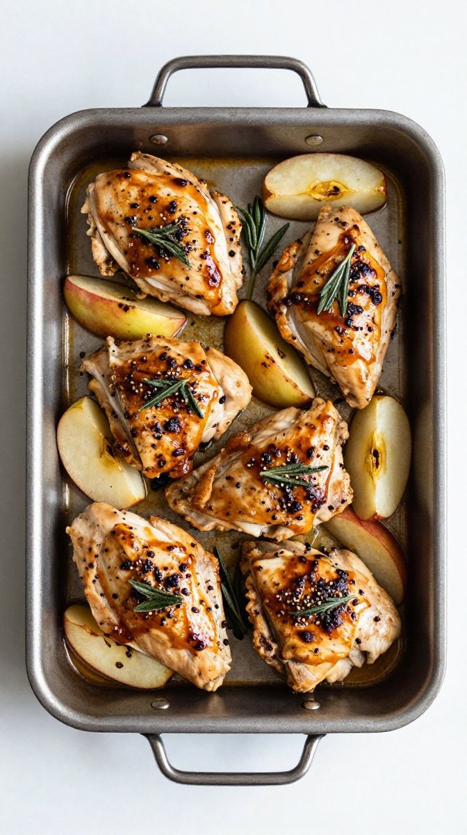 Easy Sheet Pan Chicken Thighs with Roasted Apples and Sage.
