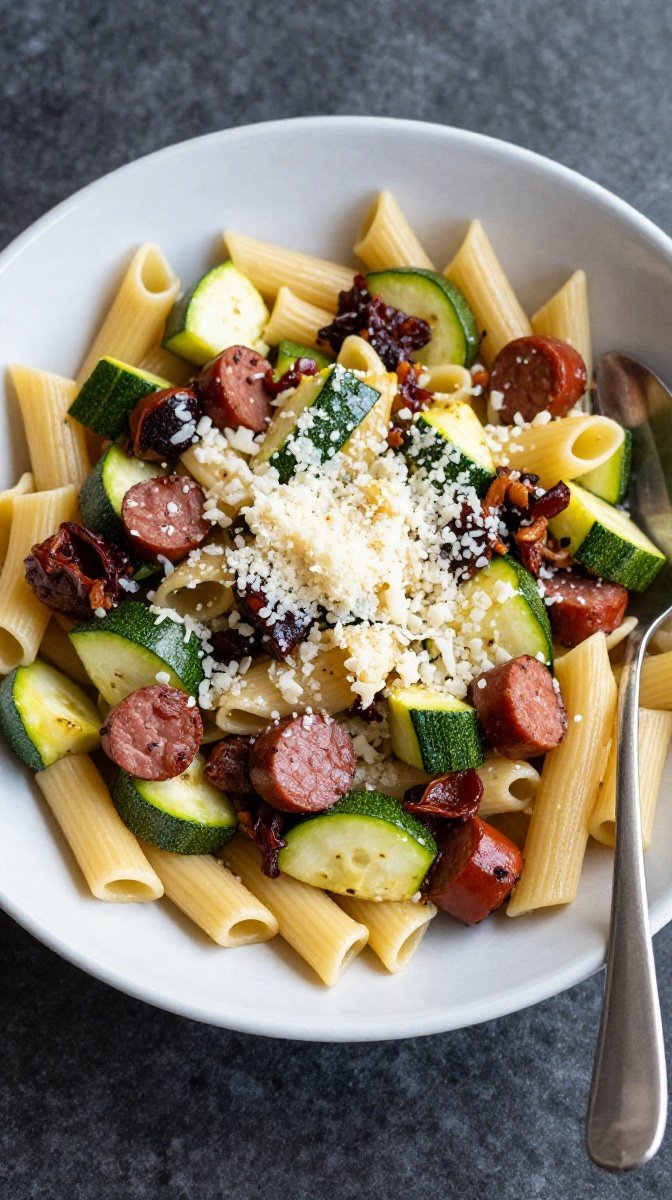 Zucchini and Sausage Pasta Primavera with Parmesan