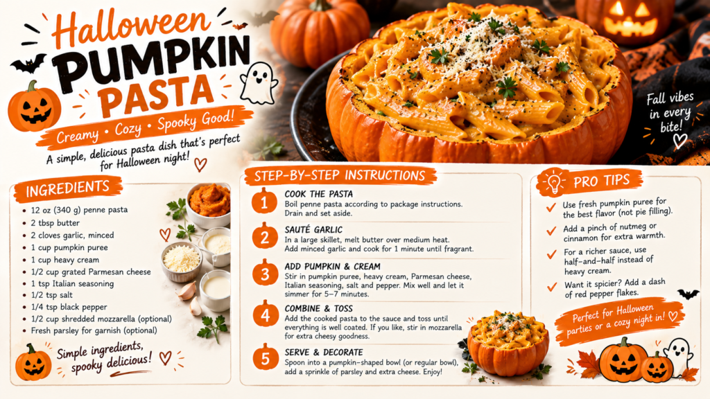 Creamy Halloween Pumpkin Pasta With Garlic Parmesan Sauce