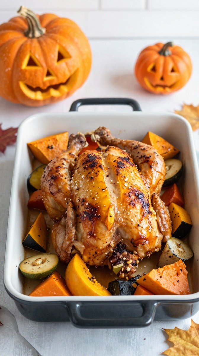 Halloween Baked Chicken With Pumpkin and Autumn Vegetables