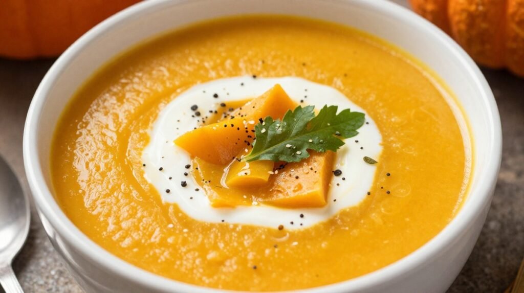 Halloween Pumpkin Soup With Crispy Garlic Croutons