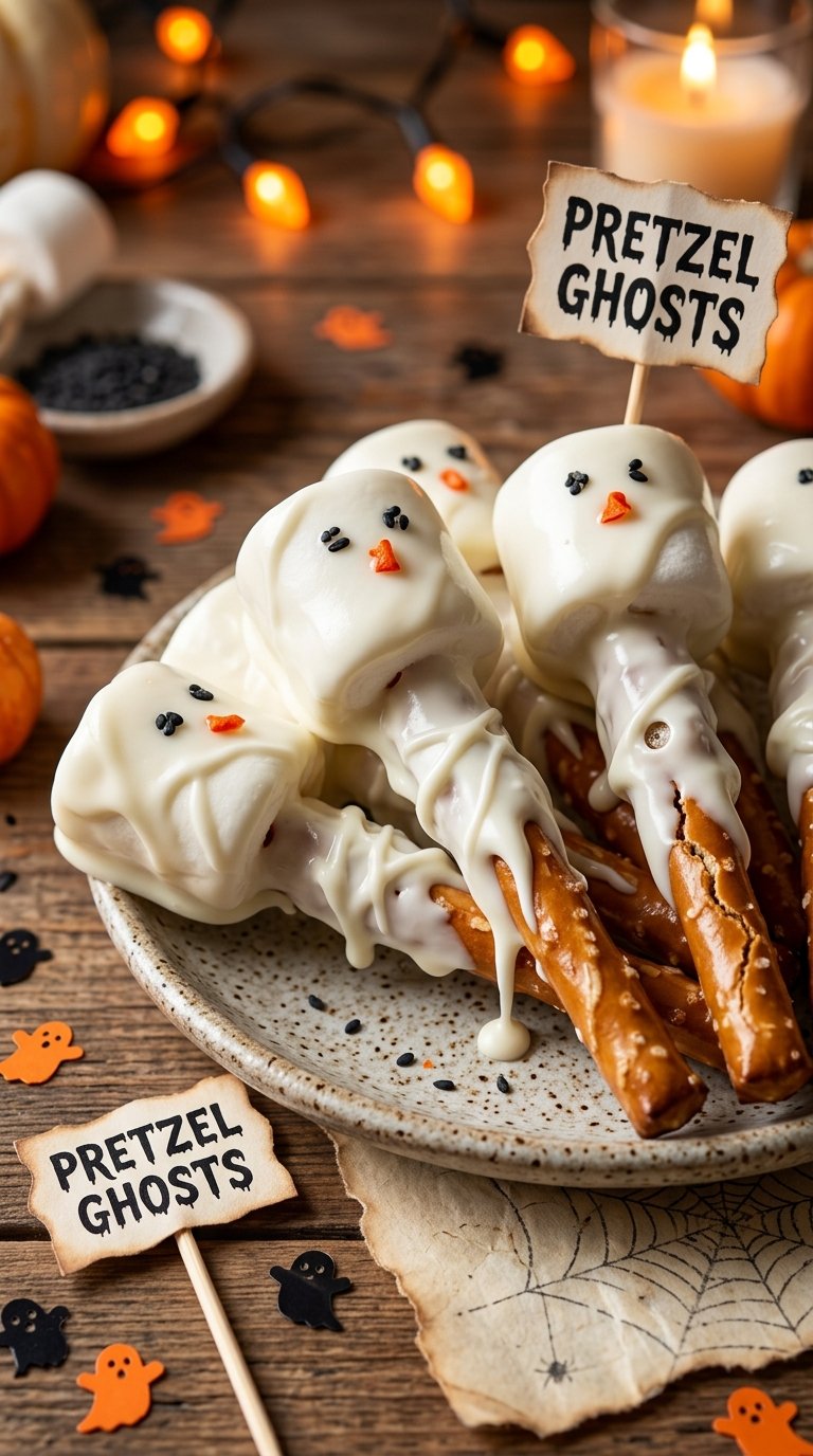 Pretzel Ghosts (with white chocolate faces)