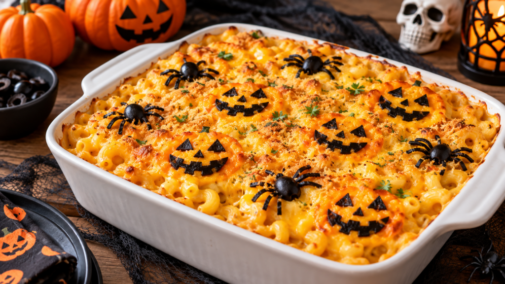 Spooky Halloween Mac and Cheese With Black and Orange Toppings
